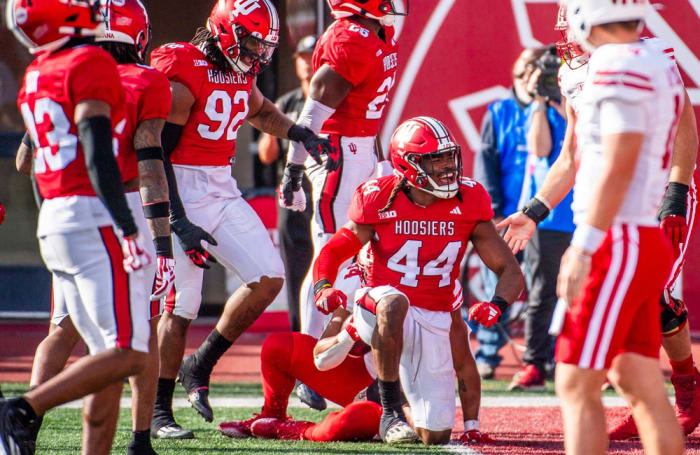 Indiana's Aaron Casey (44) celebrates during the second half of the Indiana versus Wisconsin football game at Memorial Stadium on Saturday, Nov. 4, 2023.